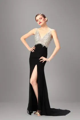 Modern crystals beaded with black chiffon high split long prom dress
