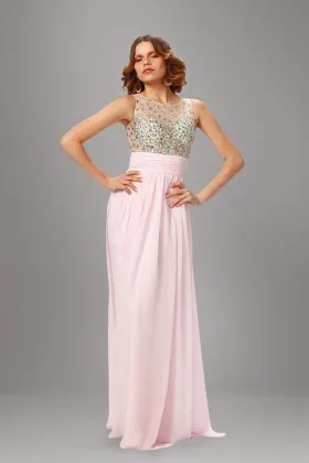 Fancy diamonds embellished light pink chiffon long prom dress