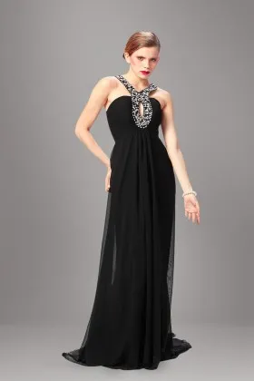 Daring beaded wide straps black chiffon keyhole floor length prom dress