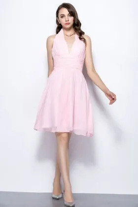 cute pink chiffon halter V neck short open back bridesmaid dress
