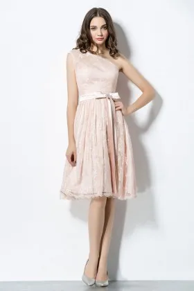 asymmetrical one shoulder Floral blush lace knee length short bridesmaid dress