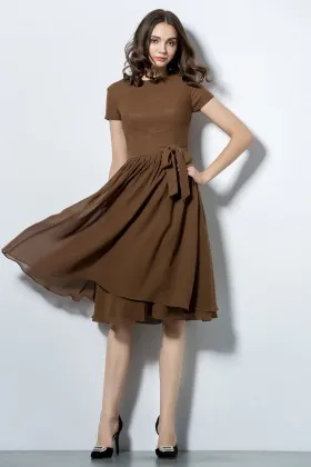 Coffee brown chiffon knee length vintage short bridesmaid dress with short sleeves