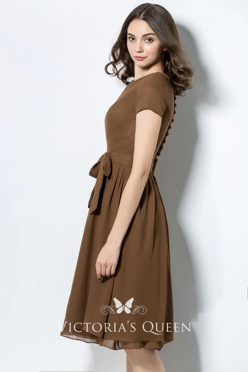 Coffee chiffon knee length vintage short wedding guest dress with short sleeves