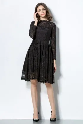 Charcoal illusion lace knee length vintage bridesmaid dress with long sleeves