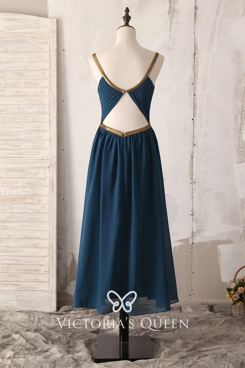 Gold Strap Vintage Navy Blue Chiffon Tea Length Gown Gold Strap Vintage Navy Blue Chiffon Tea Length Gown
