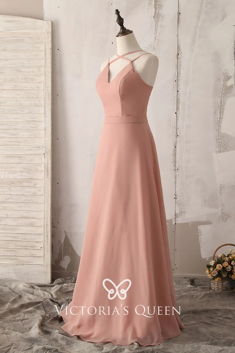 Dusty Pink Chiffon Crisscross Strap Bridesmaid Dress VQ