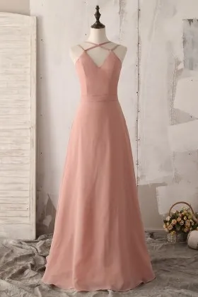 popular dusty pink chiffon vintage criss cross strap bridesmaid dress