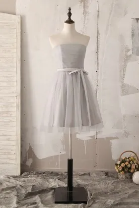 pretty cute strapless grey tulle short cocktail bridesmaid dress