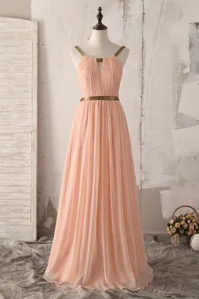 gold straps peach shirred chiffon floor length A line bridesmaid dress