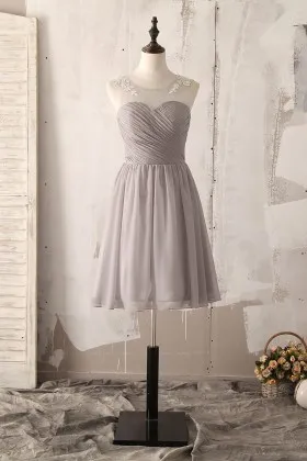 leaf embroidered illusion grey chiffon casual short bridesmaid dress