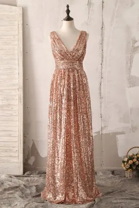 Dazzling rose gold sequin V neck sleeveless long bridesmaid dress