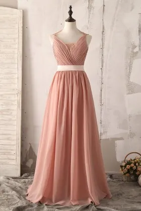 sleeveless v neck peach a line vintage lace back bridesmaid dress