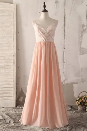 Spaghetti strap floral print V neck long peach chiffon bridesmaid dress