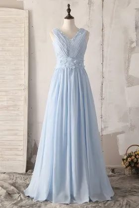 light blue chiffon sleeveless v neck floor length a line bridesmaid dress