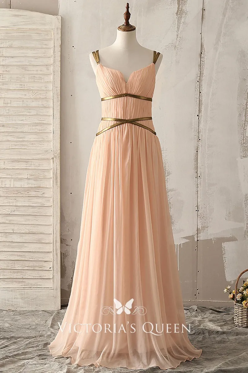 Gold Shoulder Straps Peach Chiffon Empire Waist Long Bridesmaid Dress