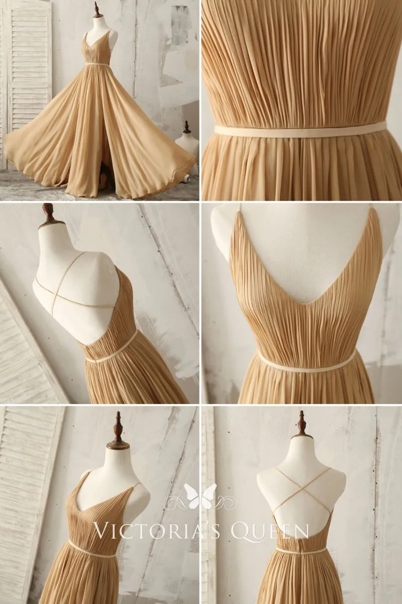Camel Chiffon Pleated V-neck Long Bridesmaid Dress - VQ