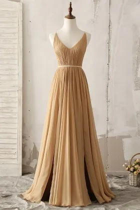 shirred camel chiffon pleated V neck full A line long bridesmaid dress