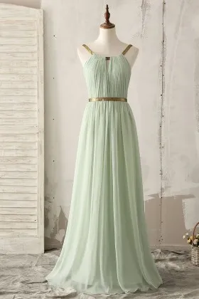 gold strap light green chiffon floor length a line bridesmaid dress