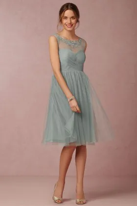Dusty green chiffon A line knee length short bridesmaid dress with tulle overlay