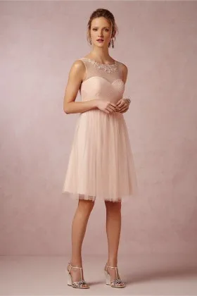 illusion neckline blush knee length a line bridesmaid dress