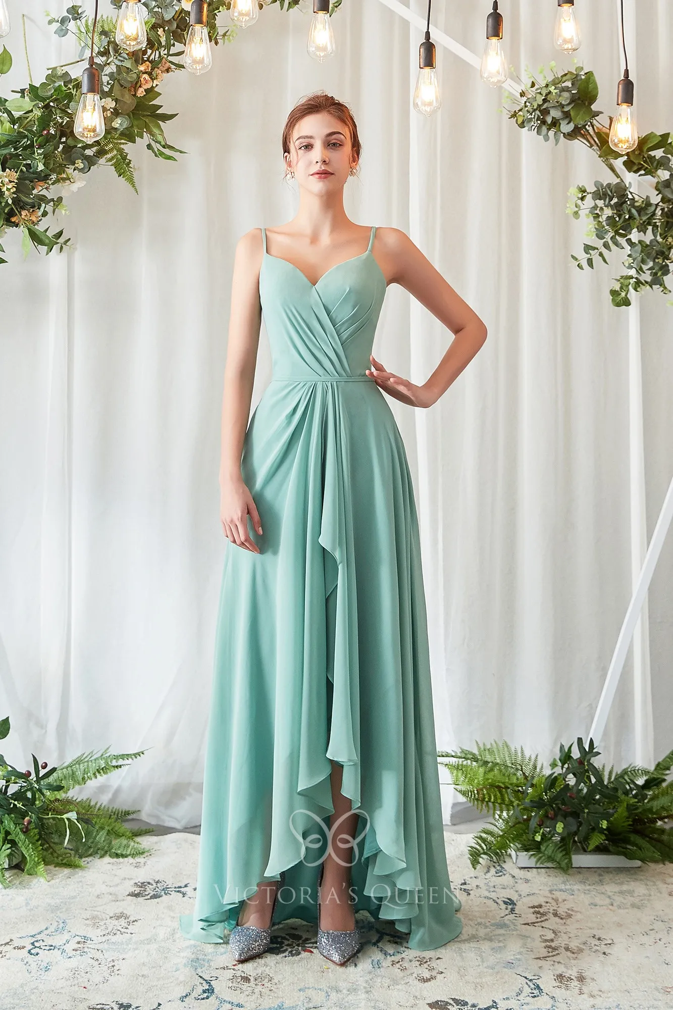 Fashion Sage Green Chiffon Highlow Pleated Bridesmaid Dress VQ