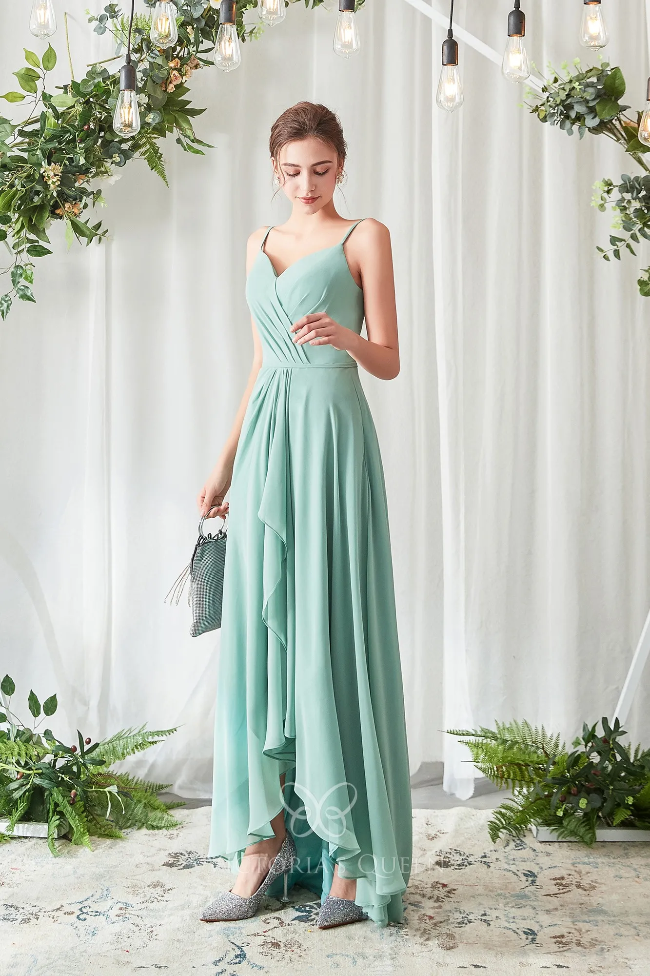 Fashion Sage Green Chiffon Highlow Pleated Bridesmaid Dress VQ