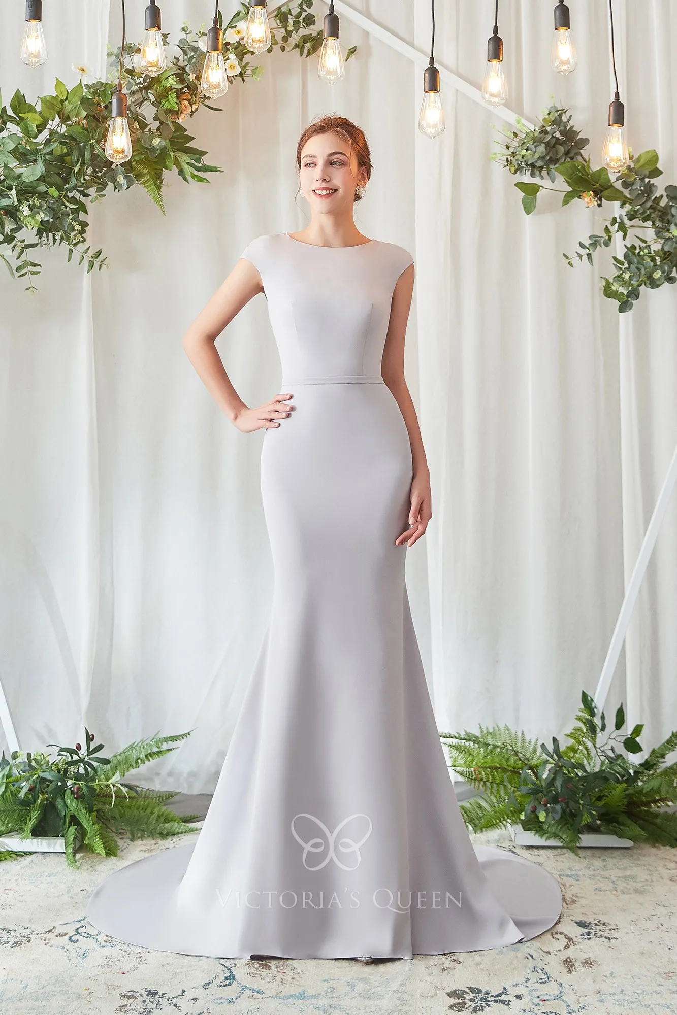 Grey Blue Satin Cowl Collar Bridesmaid Dress with Cape Sleeves