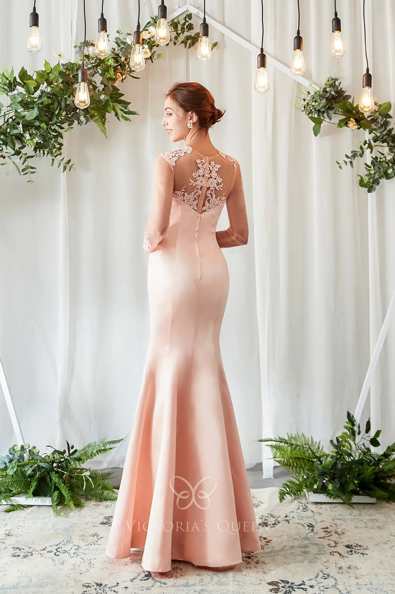 Sheer Long Sleeve Blush Satin & Lace Mermaid Bridesmaid Gown VQ