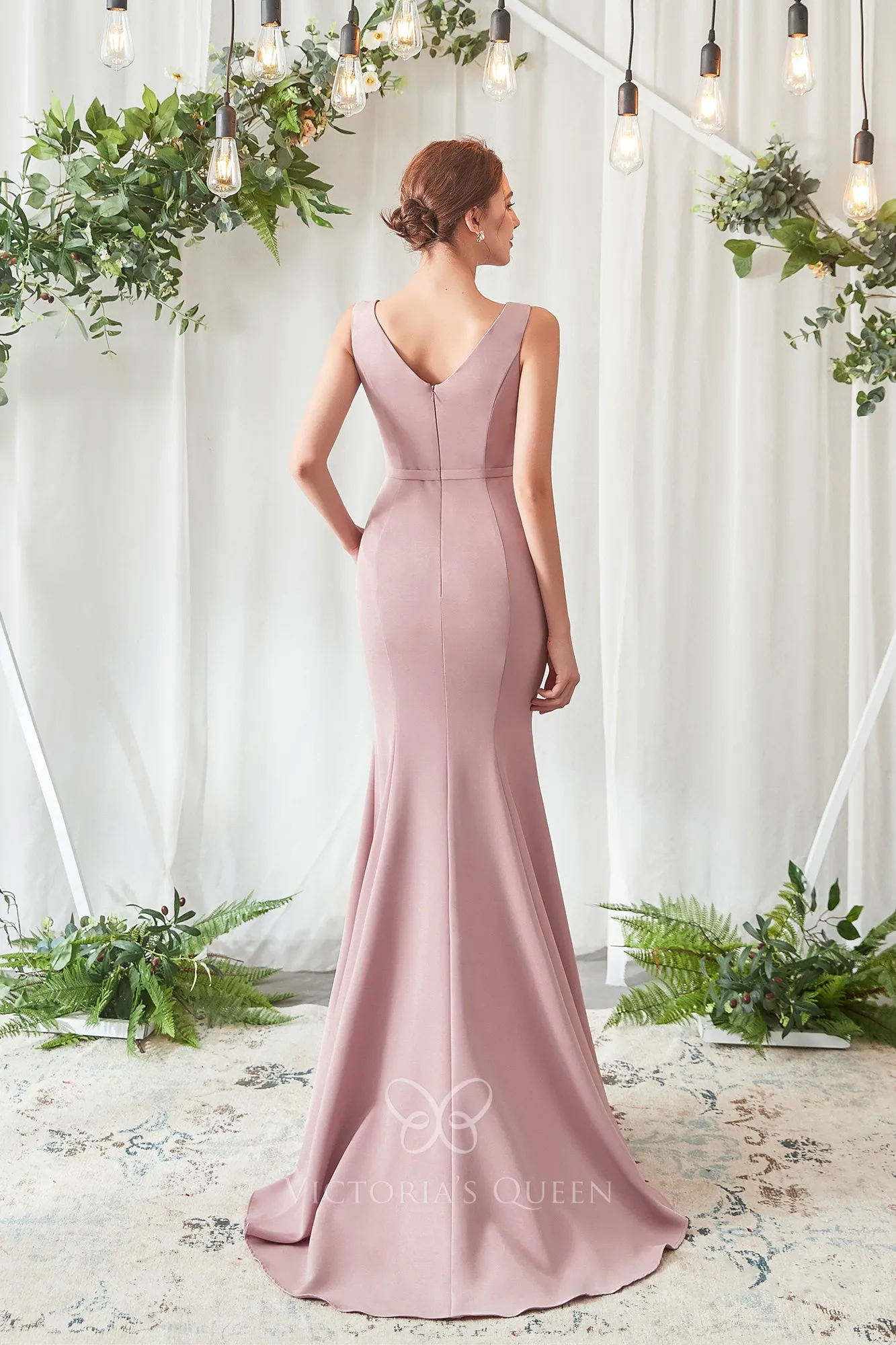 Tulle V-Neck Dusty Pink Bridesmaid Dress with Beading