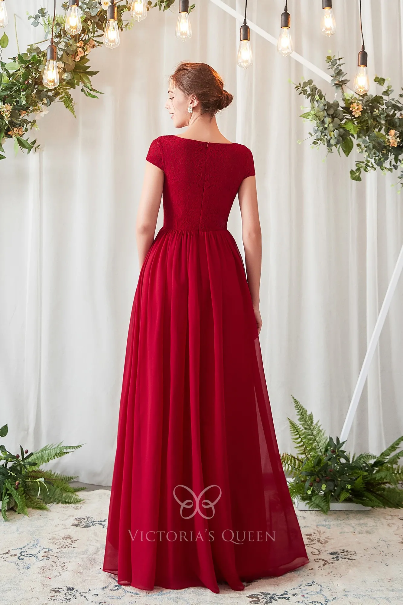 Cap Sleeve Red Lace Flowy Chiffon Aline Bridesmaid Dress VQ