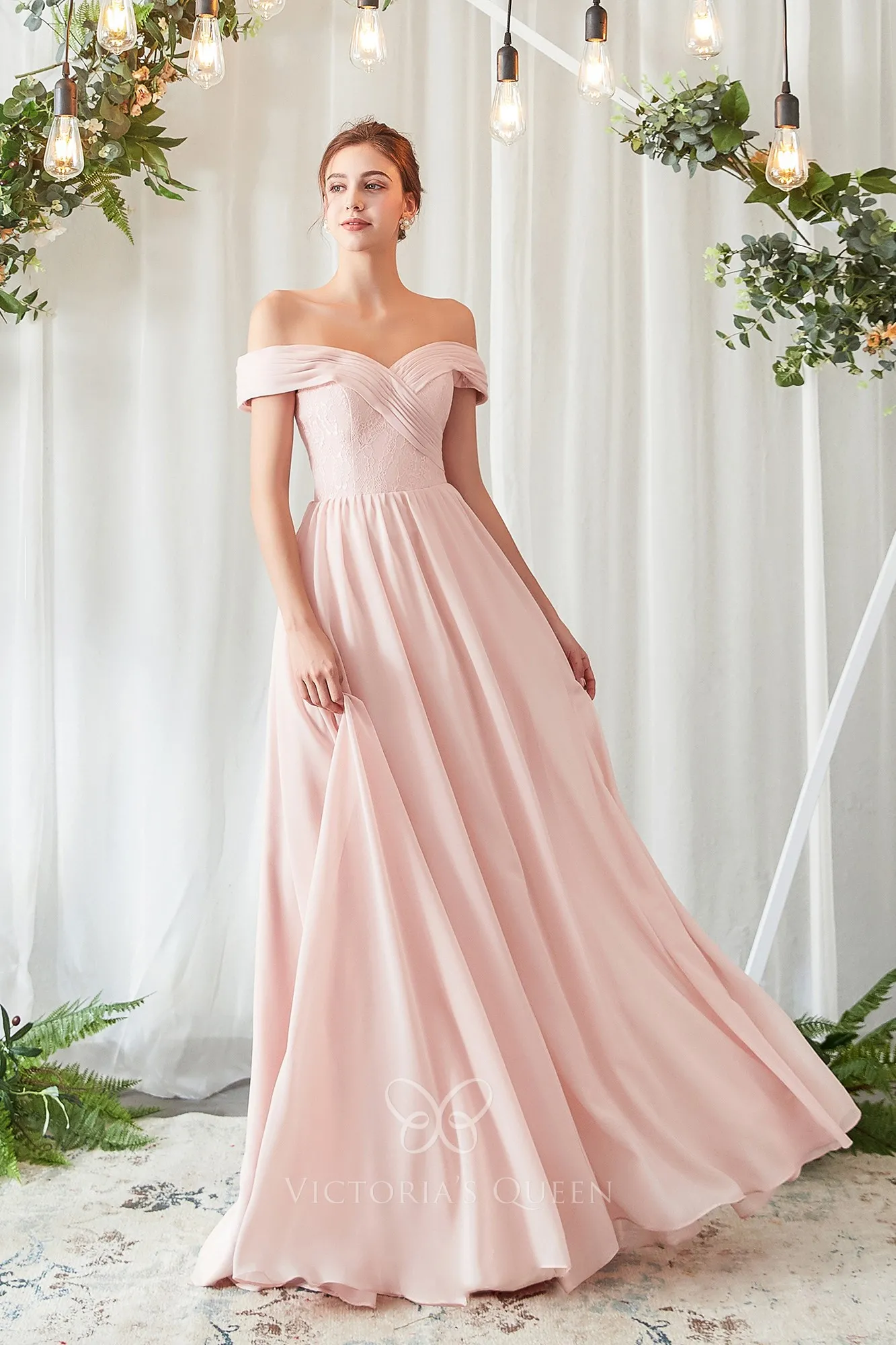 Offtheshoulder Blush Chiffon Aline Flowy Bridesmaid Dress VQ