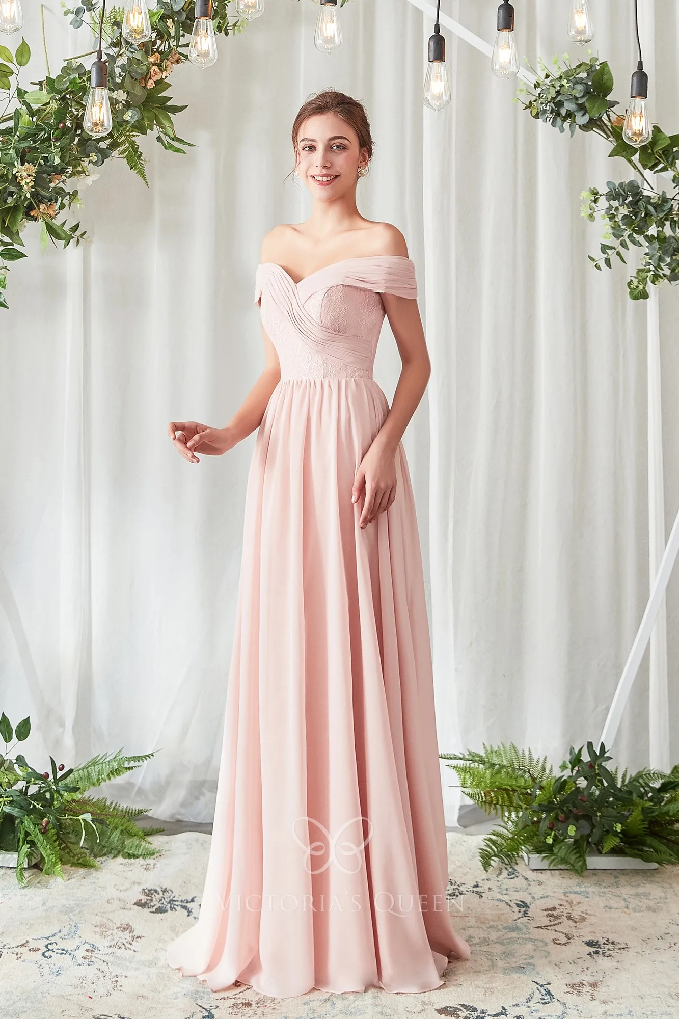 Off-the-shoulder Blush Chiffon A-line Flowy Bridesmaid Dress - VQ