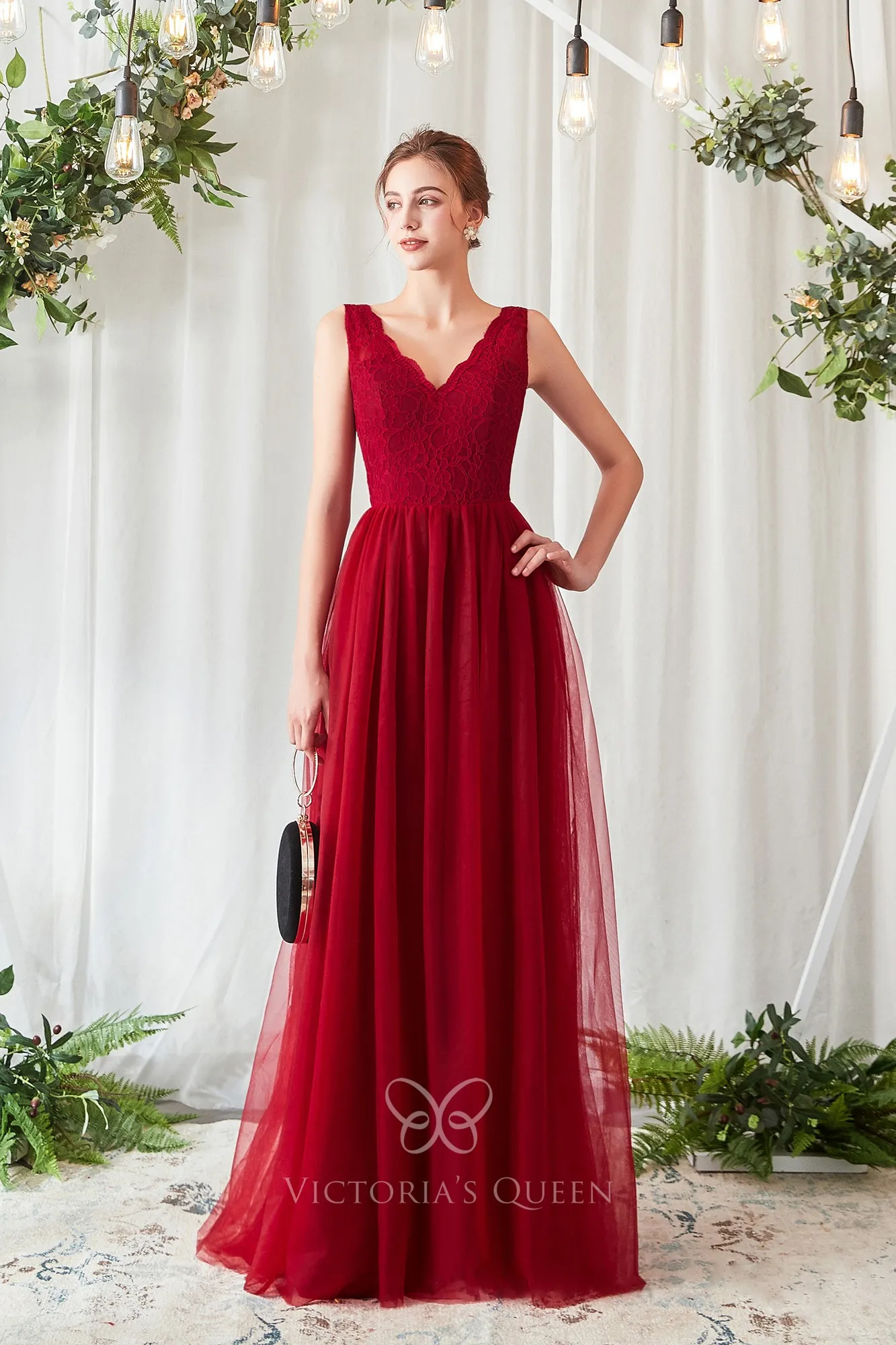 Alluring Vneck Sleeveless Red TUlle & Lace Bridesmaid Dress VQ