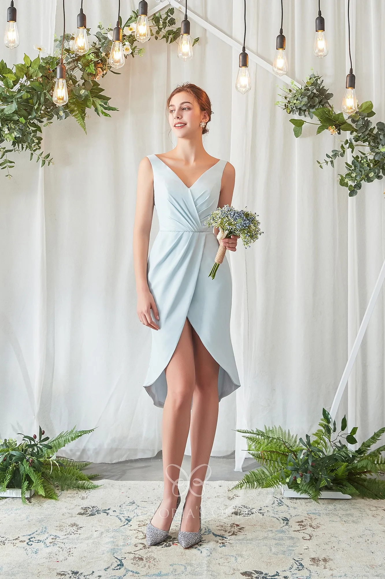 Modern Ruched Light Blue Satin Vneck Tulip Bridesmaid Dress VQ