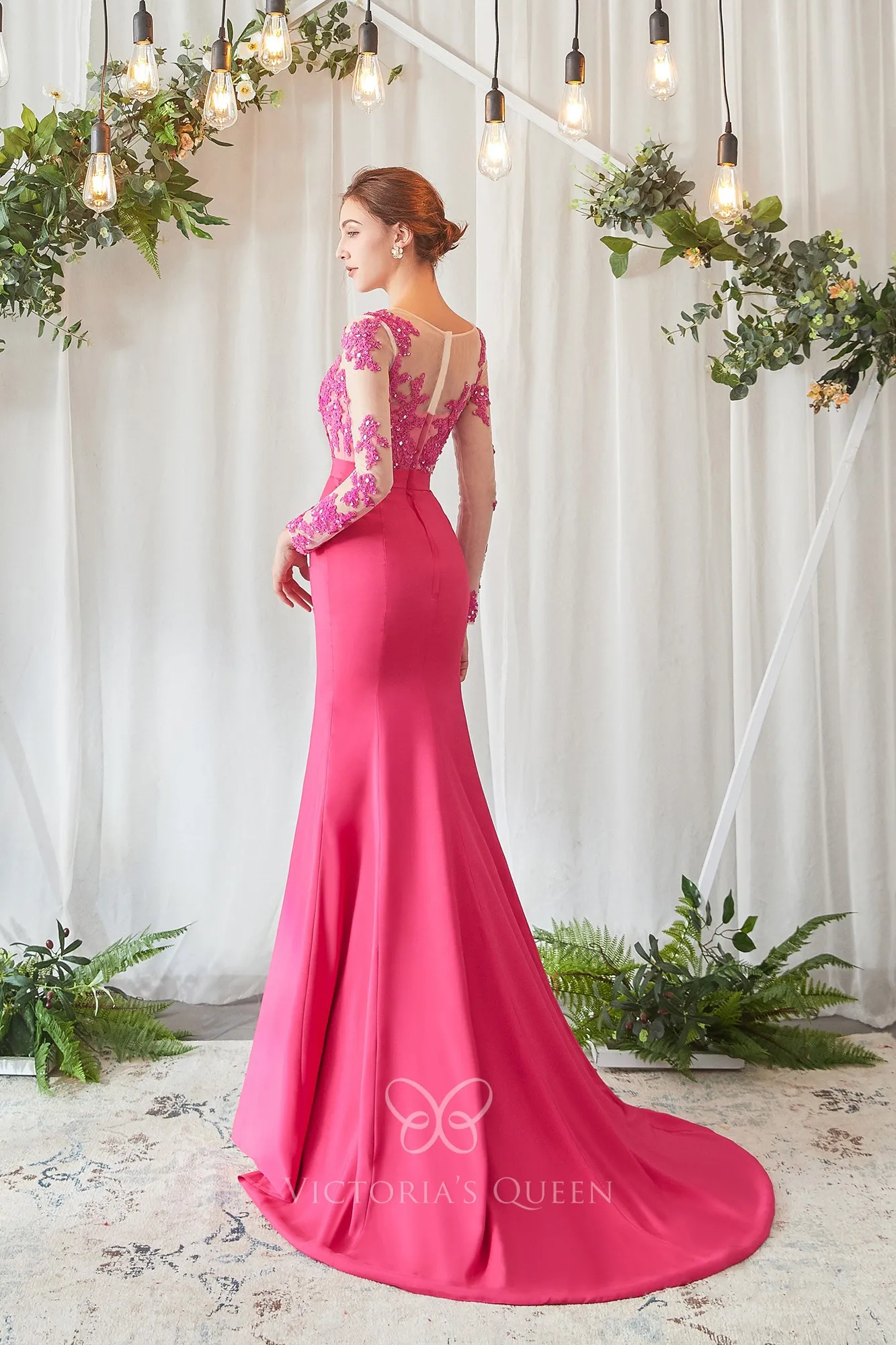 illusion back fuchsia beaded lace long sleeves bridesmaid dress illusion back fuchsia beaded lace long sleeves bridesmaid dress