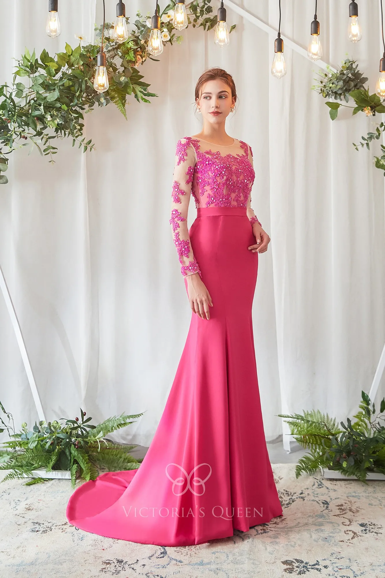 sheer sleeves fuchsia beaded lace bridesmaid dress sheer sleeves fuchsia beaded lace bridesmaid dress