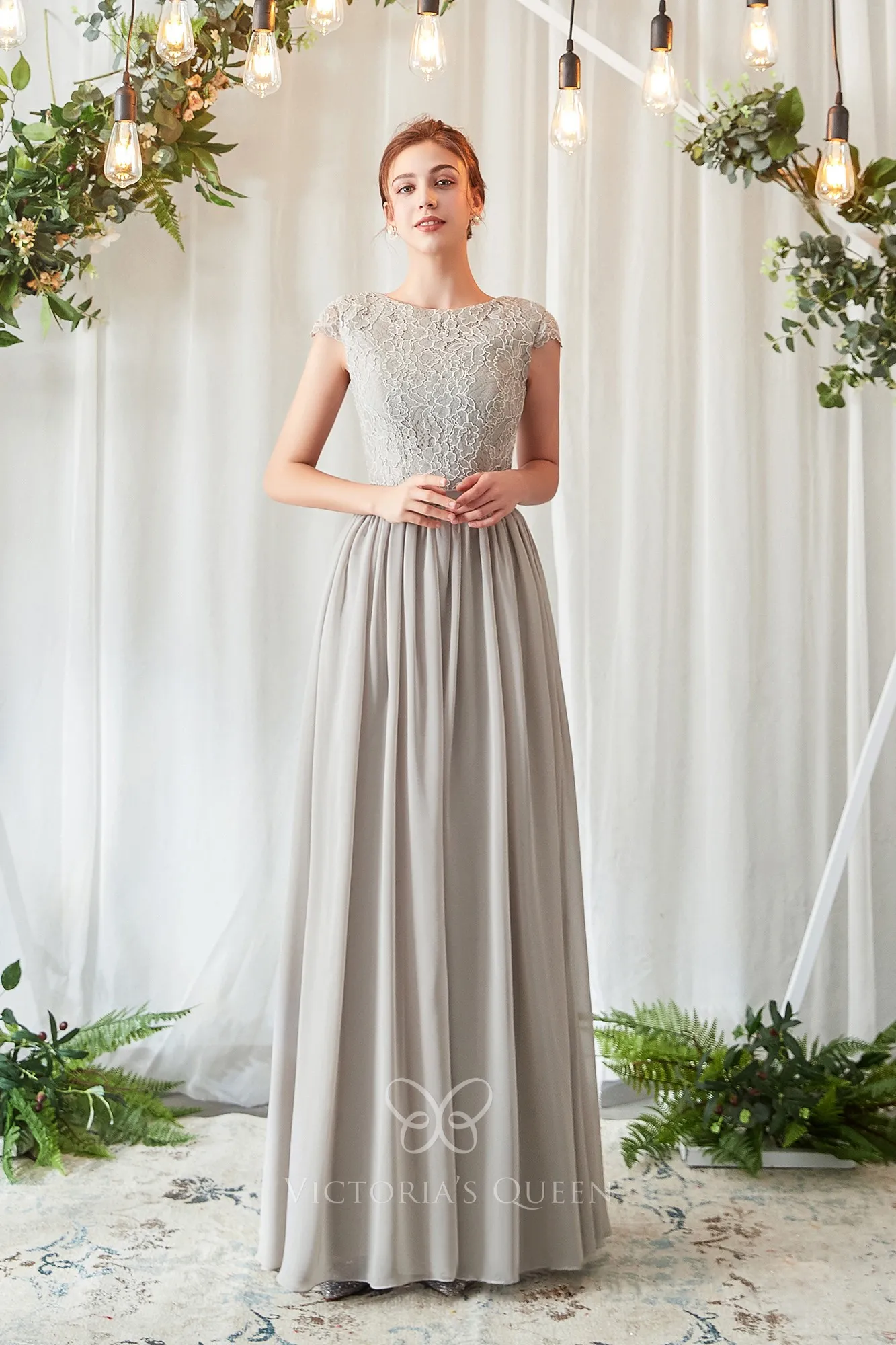 Graceful Taupe Lace & Chiffon Cap Sleeve Bridesmaid Dress - VQ