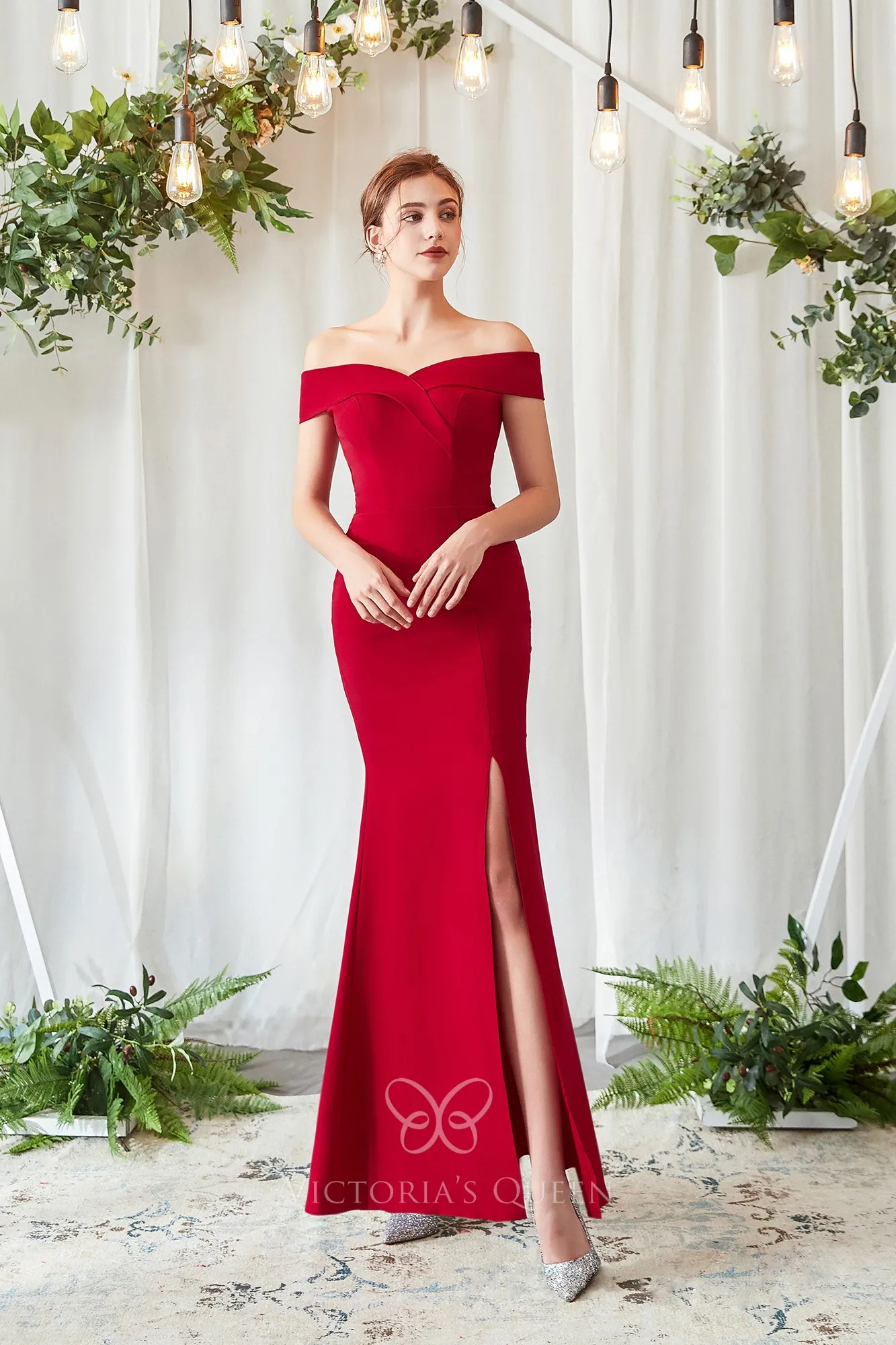Sheath Off-the-Shoulder Satin Bridesmaid Dress With Slit in Wild Rose