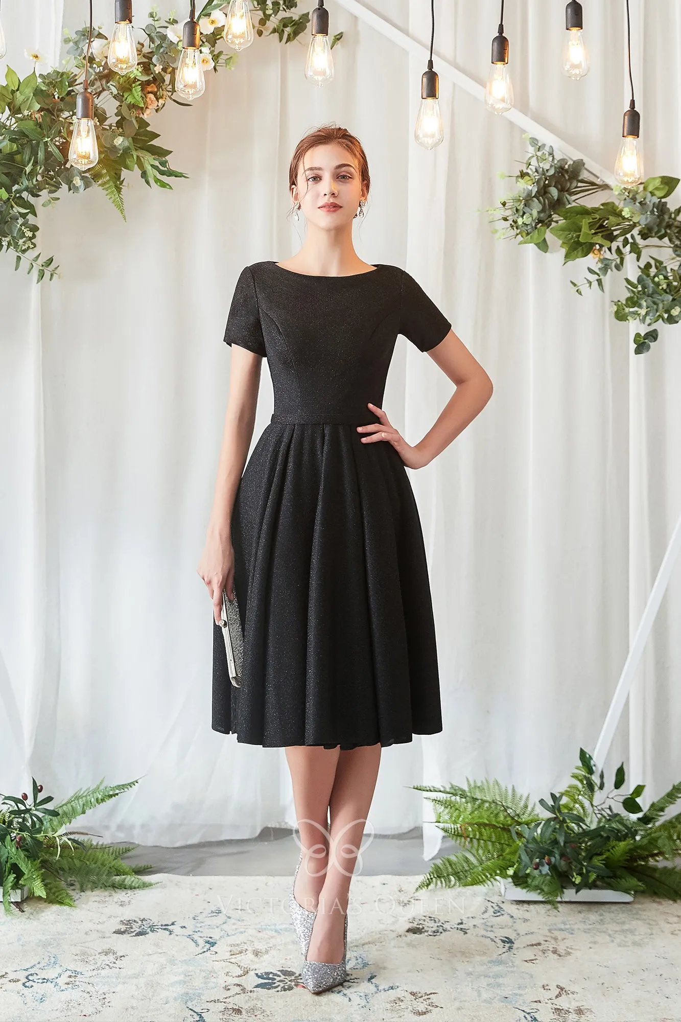 Glitter Black Jewel Neck Aline Knee Length Bridesmaid Dress VQ
