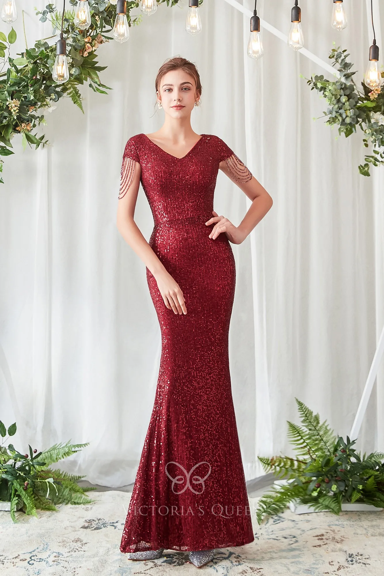 Sparkly Wine Sequin Cap Sleeve Mermaid Maid of Honor Dress VQ