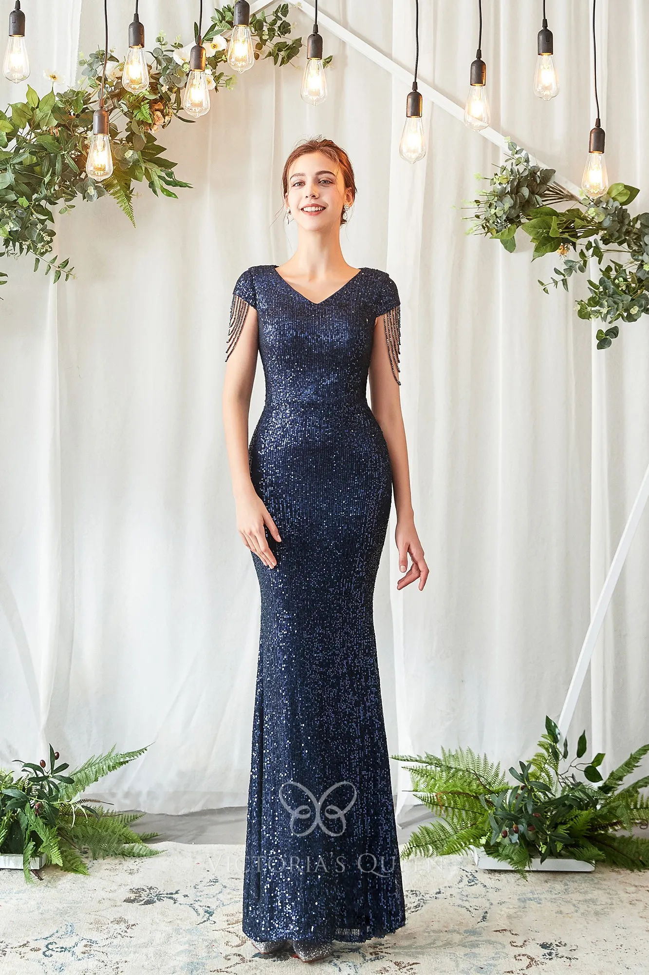 sparkly navy bridesmaid dresses Sparkly A Line V Neck Backless Sequins Navy Blue Prom Dresses, Navy Bl –  abcprom