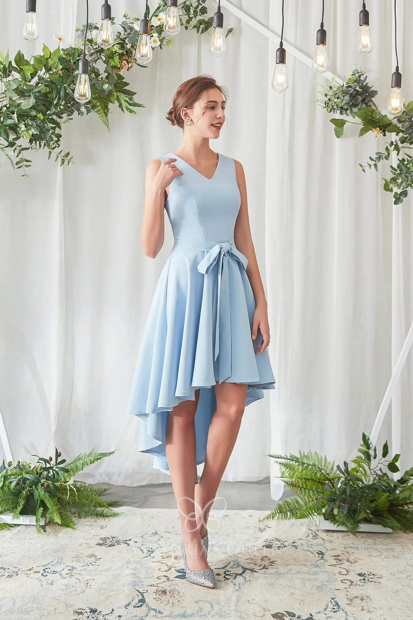 Sky Blue Satin Vneck Aline Highlow Cute Bridesmaid Dress VQ
