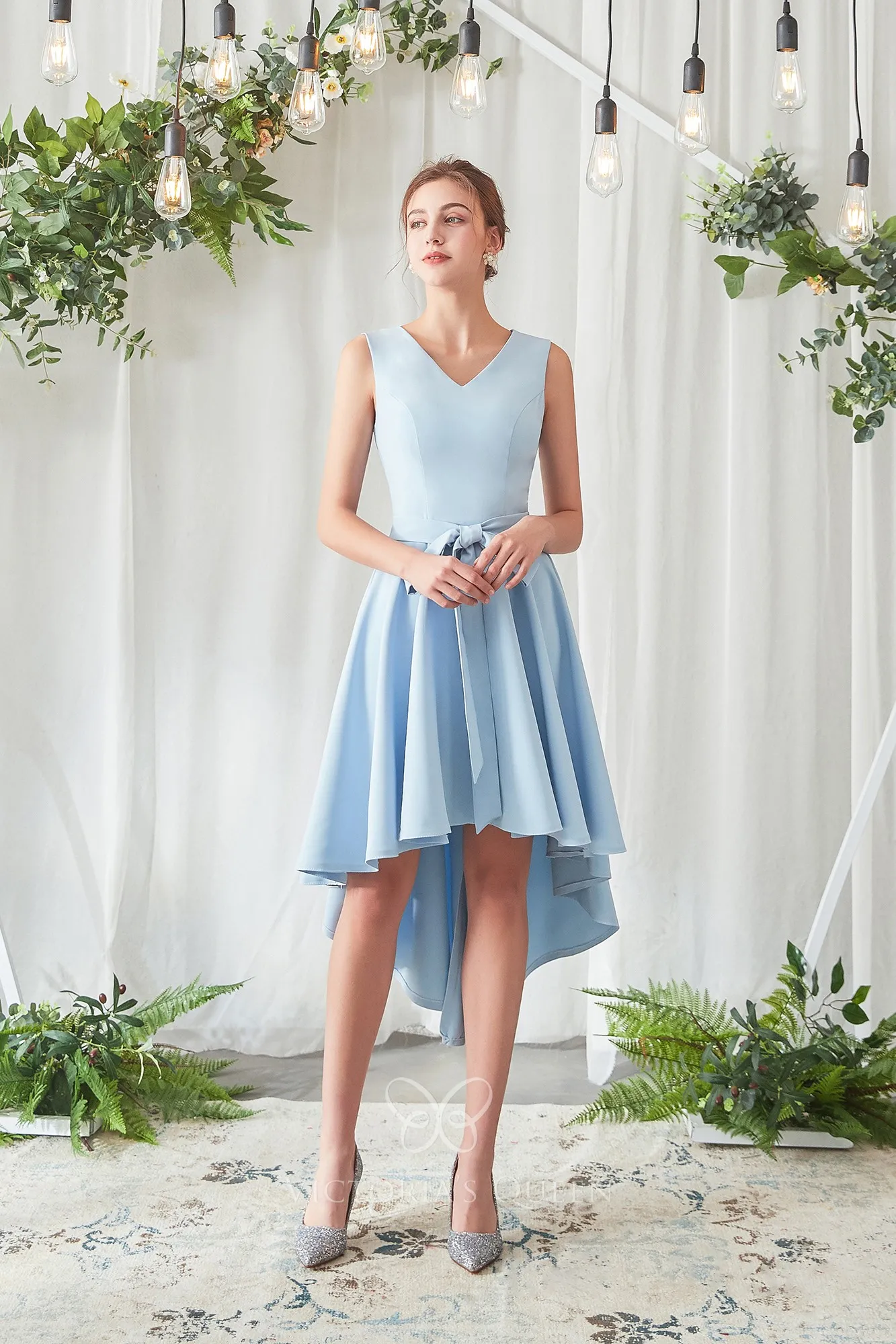 Sky Blue Satin V-neck A-line High-low Cute Bridesmaid Dress - VQ