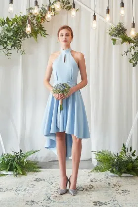 Sky Blue A Line V Neck Open Back Satin Long Bridesmaid Dress main image 0