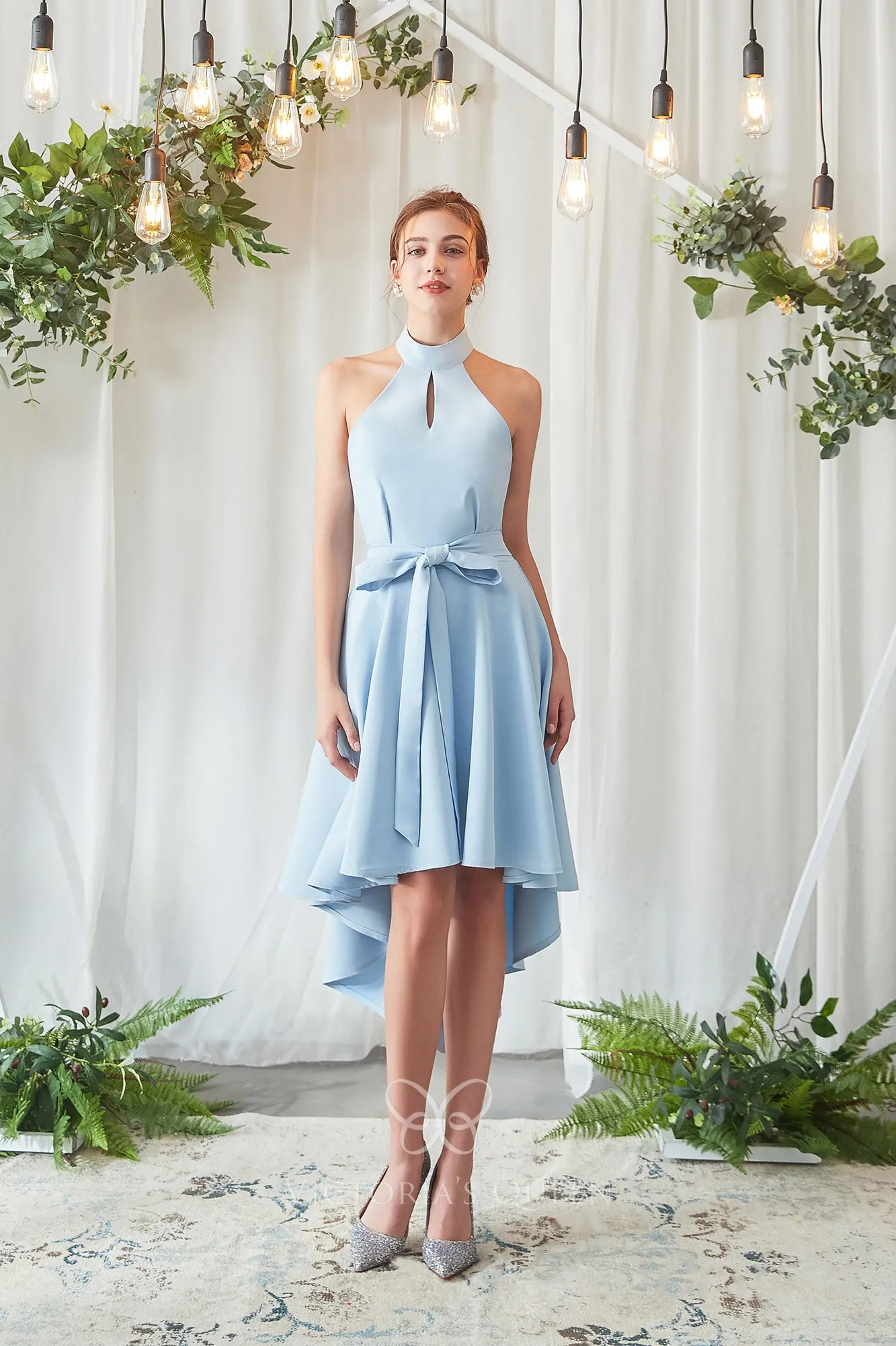 Adorable Sky Blue Satin Halter Neck Highlow Bridesmaid Gown VQ