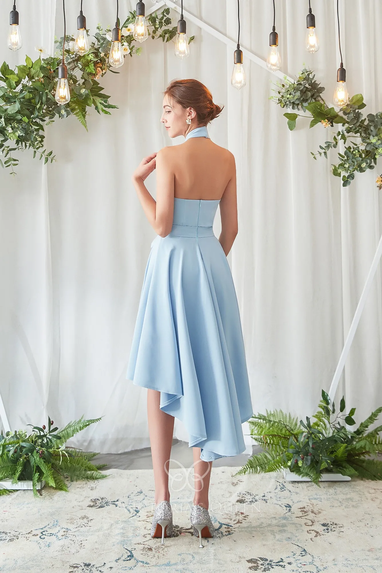 Adorable Sky Blue Satin Halter Neck Highlow Bridesmaid Gown VQ