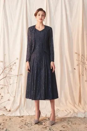 Navy Lace Tea-length Wedding Guest Dress with Jacket - VQ