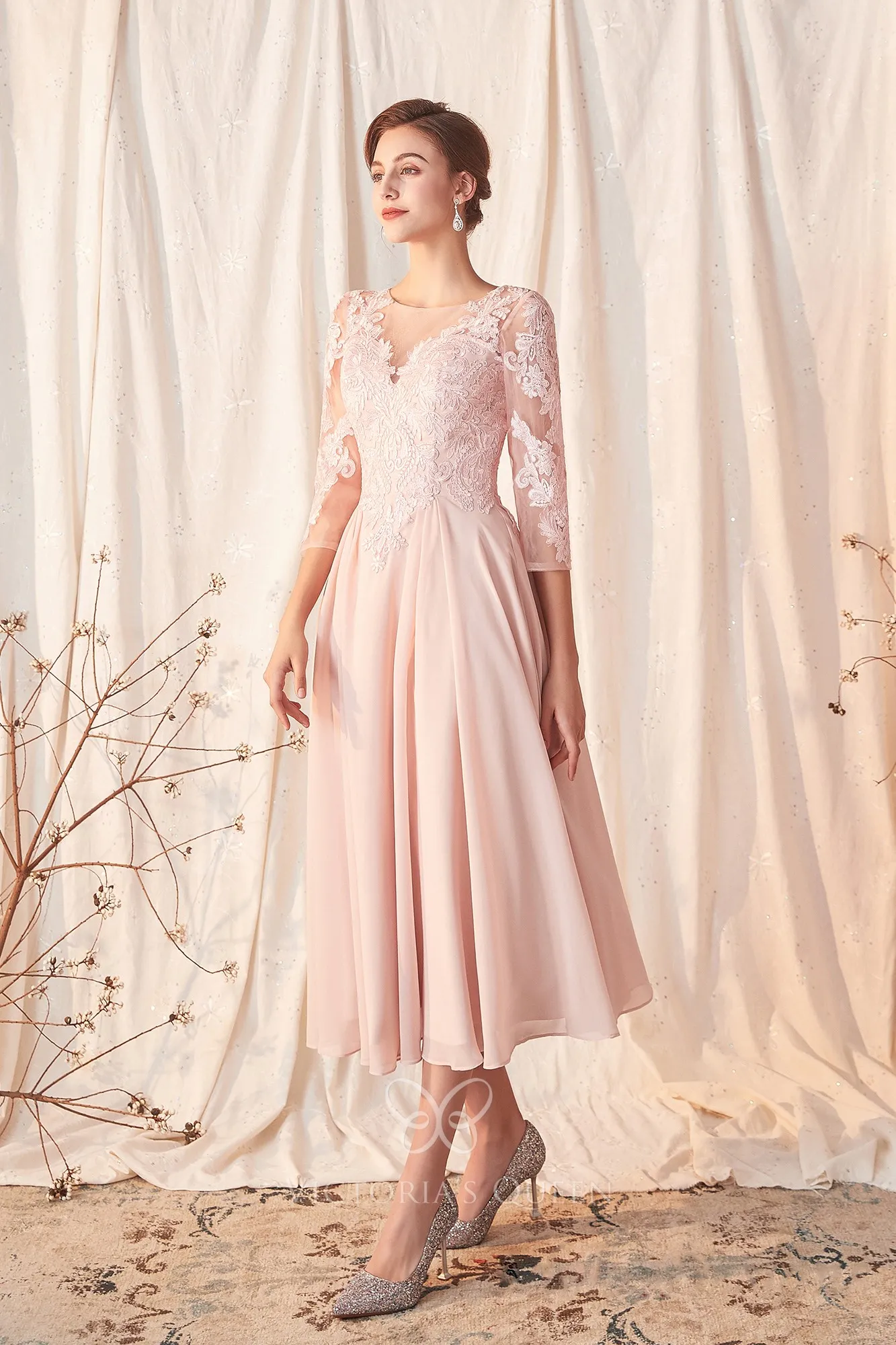 chinese dress ladies Sheath Blush Long Lace Mother Of The Bride Dress with Sleeves – Pgmdress