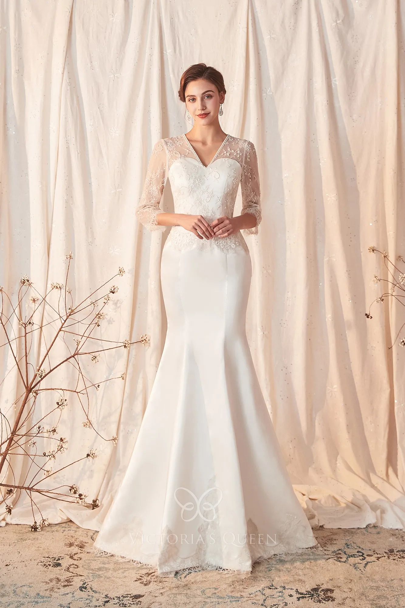 knee length dresses for ladies A Line Floor Length Floral Prom Dresses 3/4 Sleeves A-line Empire Wais –  cherishgirls main image 0