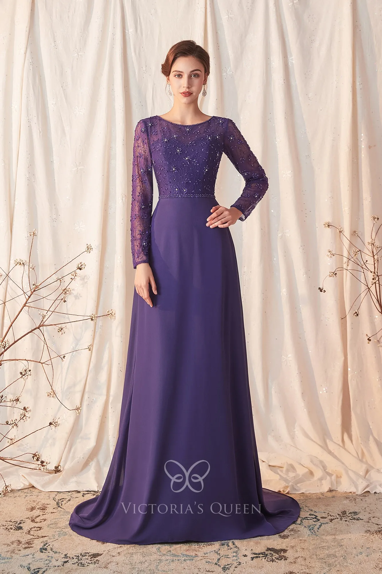 Cicinia Purple Mother Of The Groom Dress Long Chiffon A-line Half Sleeves Beaded main image 1